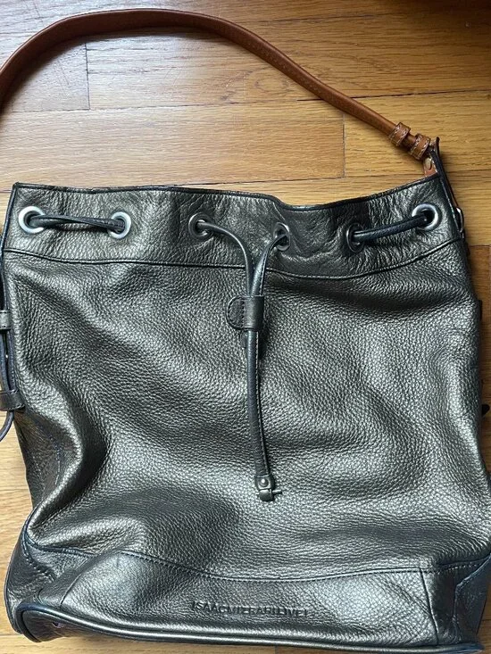 Isaac Mizrahi Live Olive Green Leather Drawstring Shoulder Bag Hobo - Picture 15 of 16